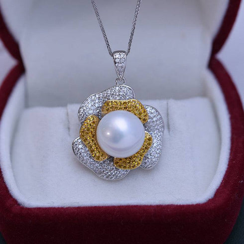 11-12mm Freshwater Pearl & Large Rose CZ Pendant Necklace - House Of Pearls